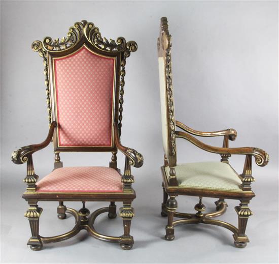A pair of 17th century style Flemish style parcel gilt walnut and beech high back chairs, W.2ft 8in. H.4ft 10in.